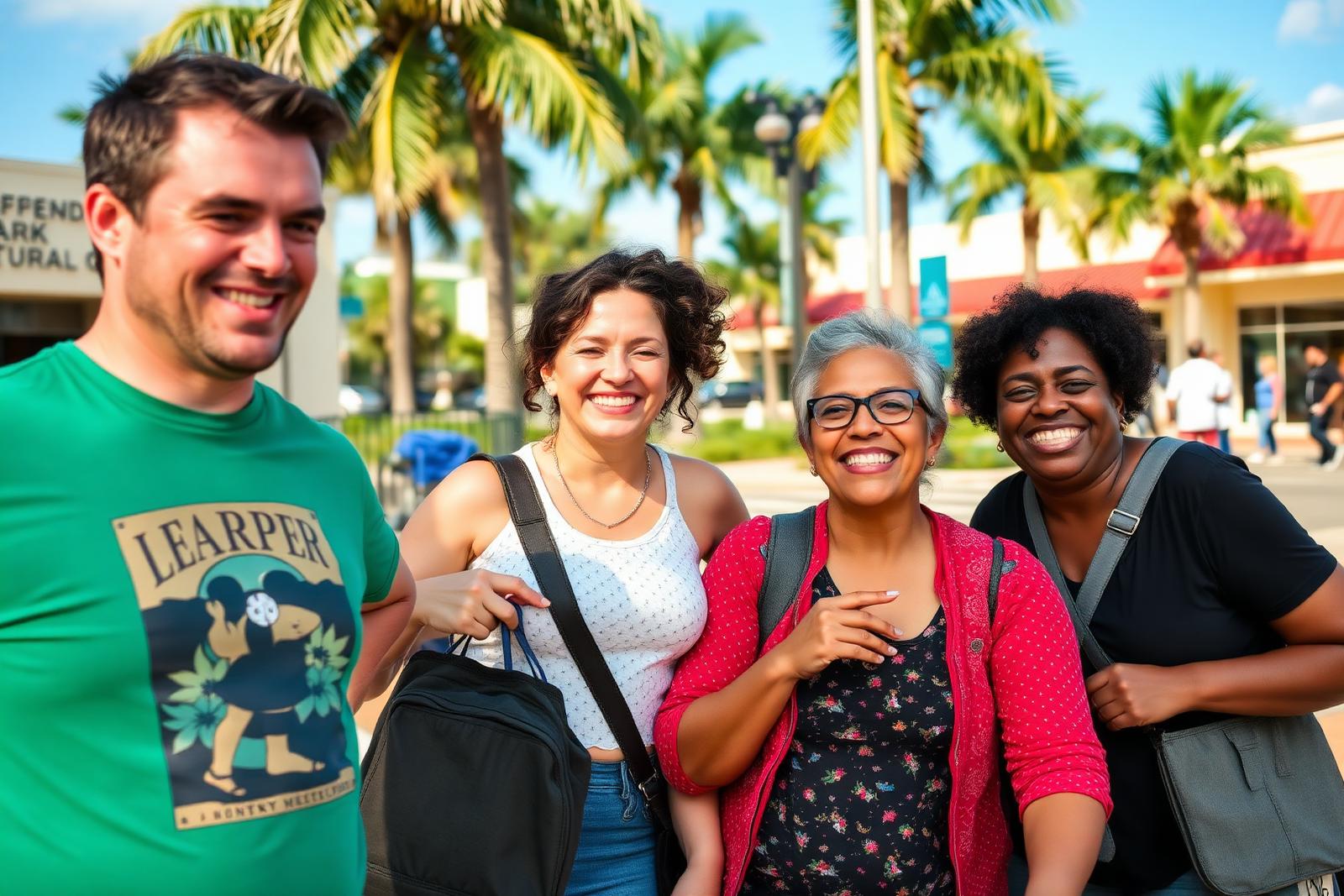 Adults with intellectual disabilities smiling and enjoying a sunny community outing at a Florida park