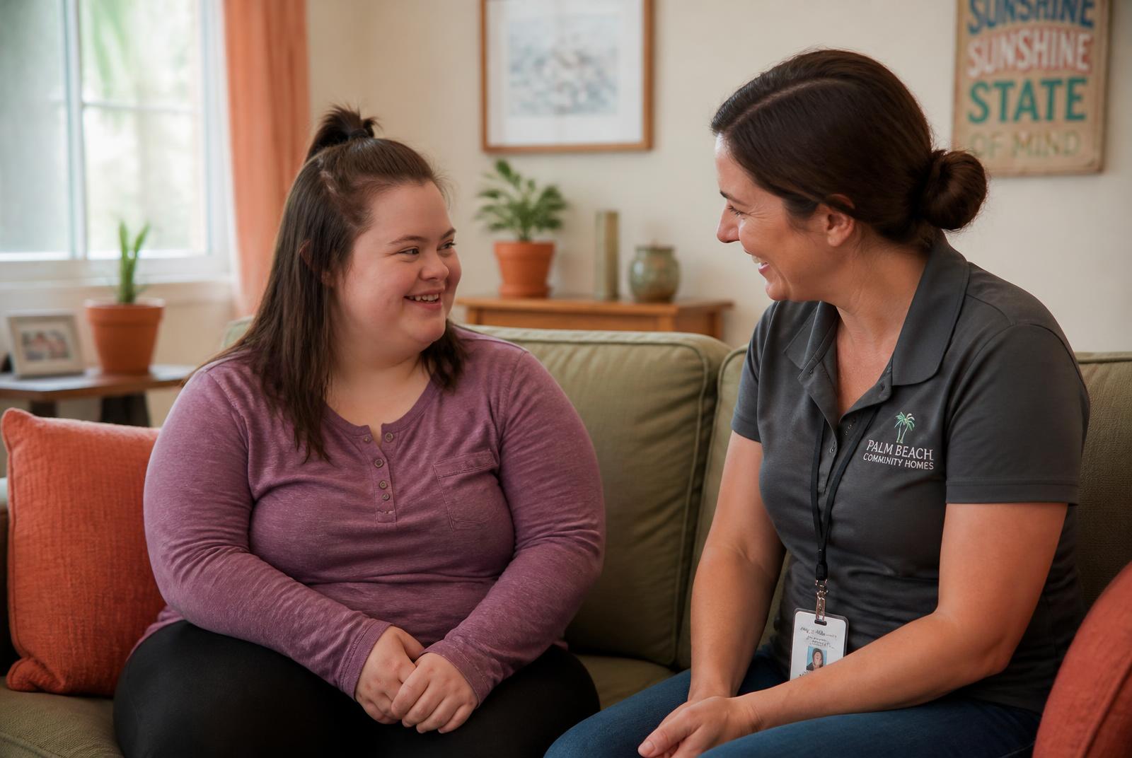 A young woman with Down syndrome smiling beside her caregiver on a cozy group home living room sofa